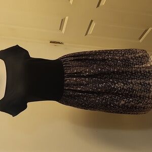 Mixt By Heidi Weisel‎ Womens L Black Knit Square Neck Tafatta Dress Tea Midi